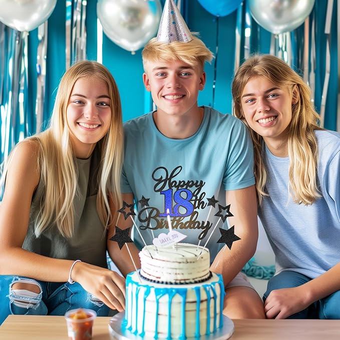 Happy 18th Birthday Cake Toppers, Black Blue Glitter Cake Decorations Set, 18th Birthday Decor, Birthday Anniversary Party Decorations Supplies