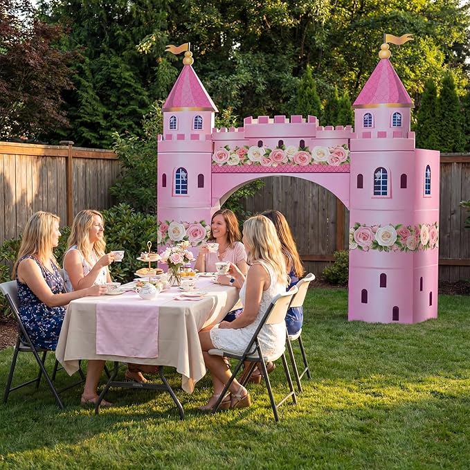 Pajean 9 Pcs Princess Party Decorations 43 x 60 Inch Pink Princess Cardboard Castle Playhouse Kit Floral Castle Fort Set Girl Birthday Centerpiece for Bridal Shower, Tea Party, Wedding Decor