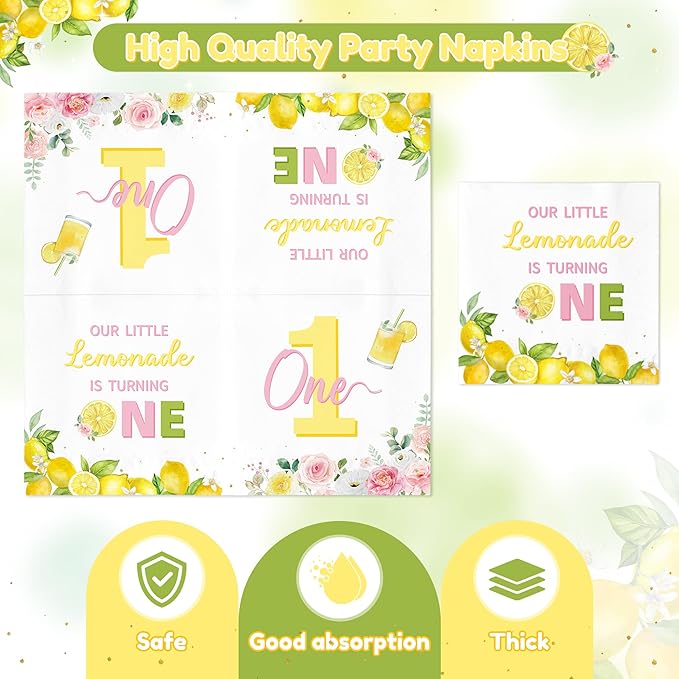 96Pcs Lemon 1st Party Plates Supplies Our Little Lemonade Is Turning One First Birthday One Year Old Tableware Decorations Disposable Paper Plates Napkins Forks for Kids Baby Shower, Serves 24