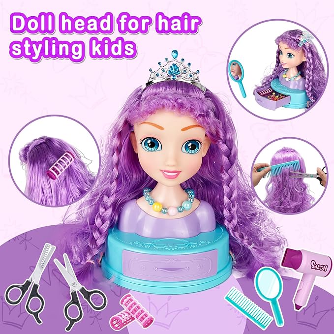4-in-1 Doll Head for Hair Styling Kids-9Inch,Hair Salon Toys Makeup Kit Princess Accessories Pretend Play Toys Birthday Gifts for 3-8 Year Old Girls