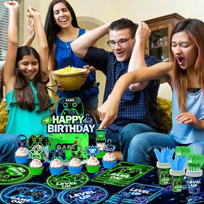 Video Game Birthday Decorations – Neon Game Tableware: Plates, Napkins, Cups, Cutlery, Cake & Cupcake Toppers, Banner, Hanging Swirls, Tablecloths, Balloons for Boy Gamer Birthday Party, Serves 24