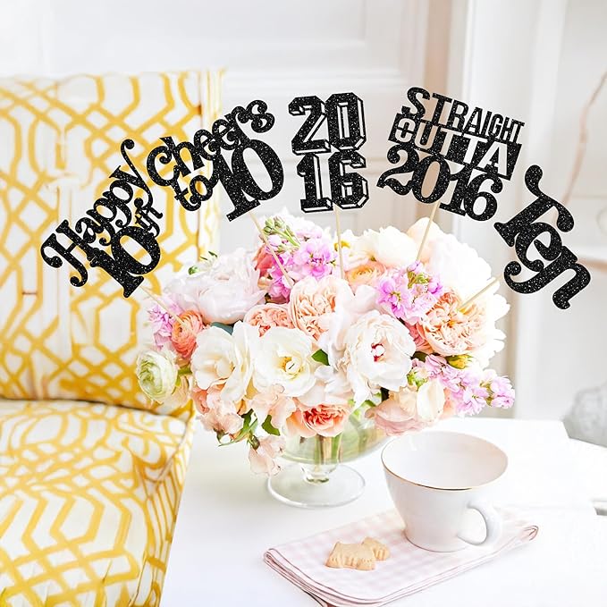 Gyufise 15Pcs Happy 10th Birthday Centerpiece Sticks Ten Straight Outta 2016 Table Flower Centerpieces Sticks Cheers to 10 Decorations for 10th Birthday Party Supplies Black
