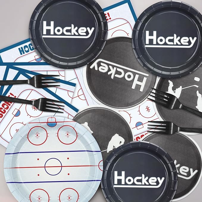 Hockey Birthday Decorations - 81Pcs Ice Hockey Tableware, Disposable Hockey Theme Plates, Napkins, Tablecloth for Kids Fans Sports Hockey Birthday Party Supplies, Serve 20