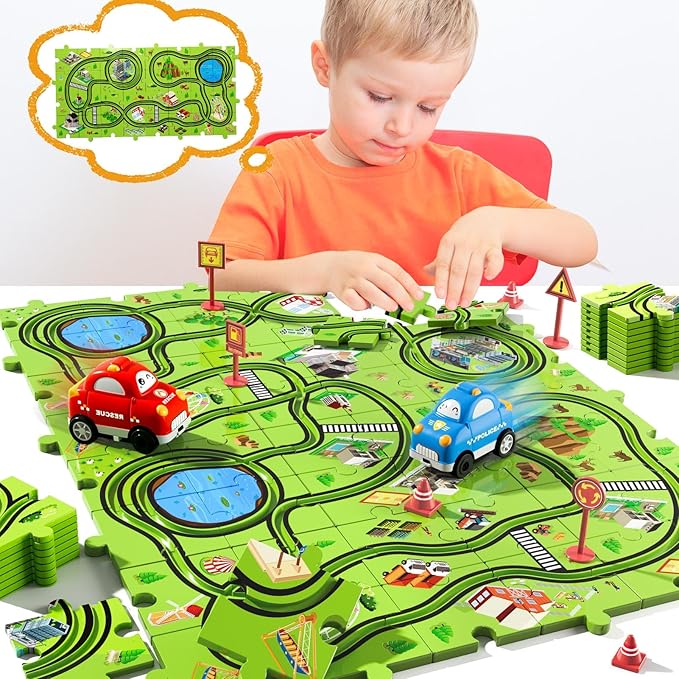 48PCS Puzzle Race Track Car Set for Toddlers Kids Boys, Toddler Toys Birthday Gifts for 3 4 5 6 Years Old Boys and Girls, Floor Puzzle Tracks Car Toys for Ages 3-5 4-6