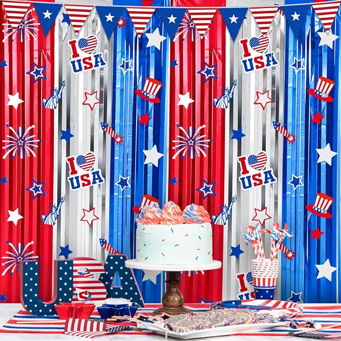 Red White Blue Decorations 2 Pack 3.3 x 6.6 Ft Red White Blue Tinsel Foil Fringe Curtains America Star Firework Streamer Backdrop Photo Prop for Patriotic Independence Memorial Labor Day
