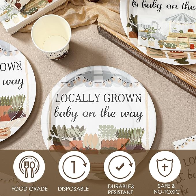 Hushee 200 Pcs Locally Grown Baby Shower Paper Plates Napkins Cups Baby Shower Party Supplies Tableware Set Disposable Cup Napkin for 50 Guest Party Decoration