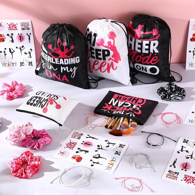 Abbylike 60 Pcs Cheerleading Party Favors Cheer Party Supplies Include 12 Pink Makeup Bag 12 Bracelet 12 Drawstring Backpack 12 Hair Ties 12 Pink Horse Temporary Tattoo for Western Birthday Decoration