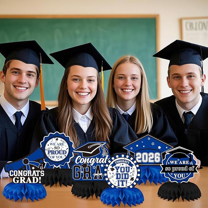 10 PCS Graduation Party Decorations Class of 2026,Blue and Black Congrats Grad Honeycomb Centerpiece Congratulate Graduation Table Topper Decor for Graduation Party Favor Supplies