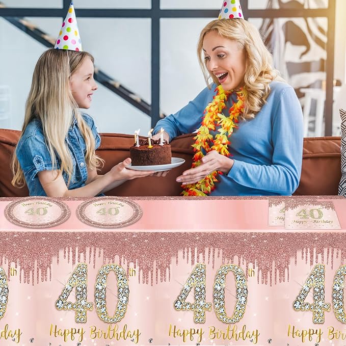 40Pcs 40th Birthday Decorations for Women 1986 Birthday Table Disposable Tableware Kit Rose Gold 40th Birthday Plates and Napkins Set 40th Birthday Tablecloth for Women Forty Birthday Party Supplies
