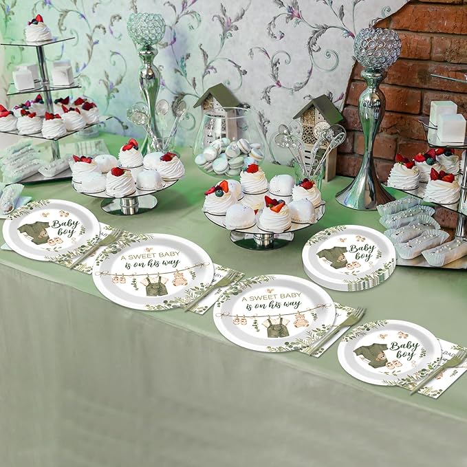 200Pcs Greenery Baby Shower Plates and Napkins Decoration Sage Green Party Tableware Dinnerware Set A Sweet Baby Is On His Way Paper Plates for Baby Gender Reveal Party Supplies Serves 50