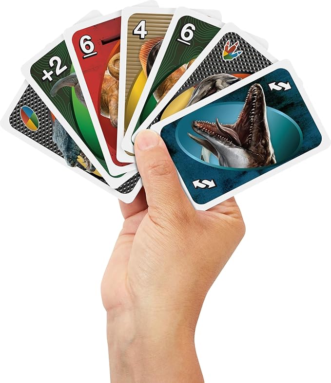 Mattel Games UNO Jurassic World Rebirth Card Game in a Collectible Tin for Kids, Adults & Family with Special Rule & Images Inspired by The Movie