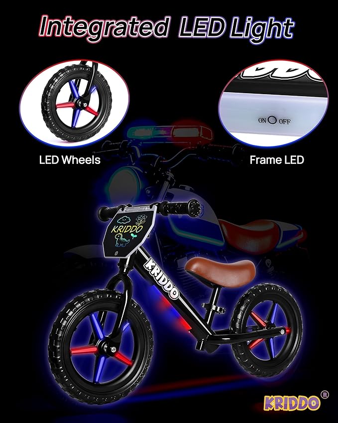 KRIDDO Toddler Balance Bike 2 Years Old, 12-Inch Colorful Lighting-Up Push Bicycle with LCD Writing Tablet, Steady Balancing, Gift Bike for 2-5 Boys Girls, LED-Black