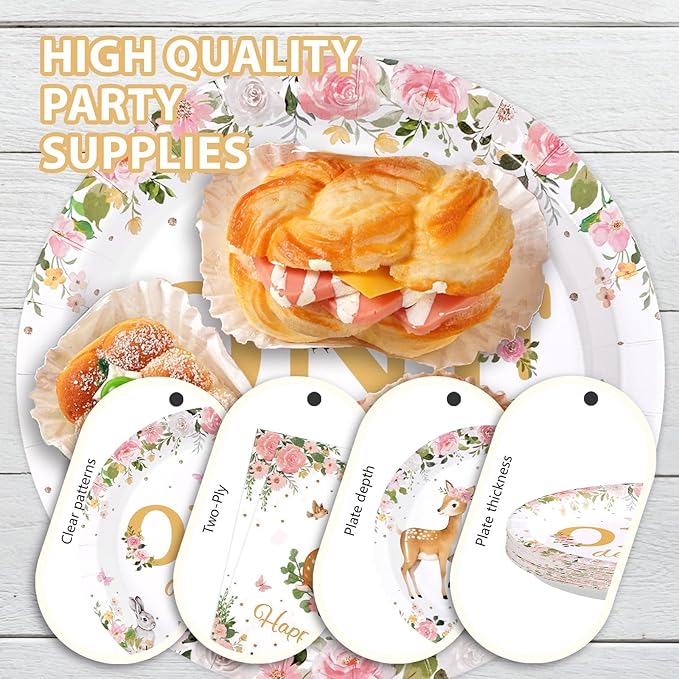 96Pcs Pink Deer Girl 1st Birthday Party Supplies Isn't She Onedeerful Plates and Napkins Pink Floral Deer Tableware Set for One Year Girl Floral 1st Birthday Baby Shower Party Supplies，Serves 24