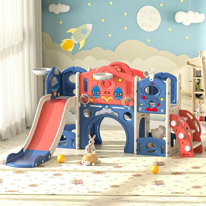 9-in-1 Castle Amusement Playground Playhouse, Indoor Outdoor Playset for Toddlers Age 1-3, Backyard Climber Play Set Slide for Kids Baby (Blue)