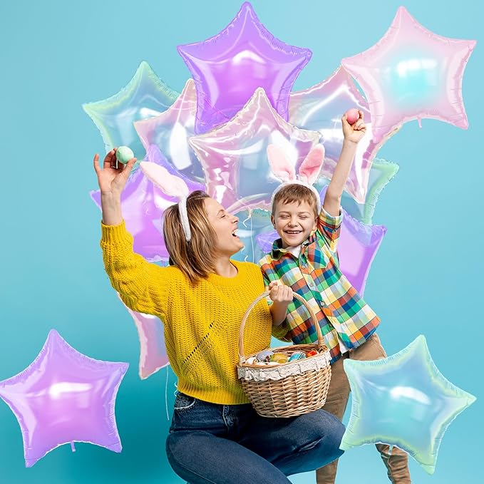 Iridescent Star Balloons, 9Pcs 18Inch Transparent Crystal Star Foil Balloon, Gradient Iridescent Pink Purple Green Pentagram Balloon for Princess Birthday Wedding Easter Party Decoration Mermaid Theme