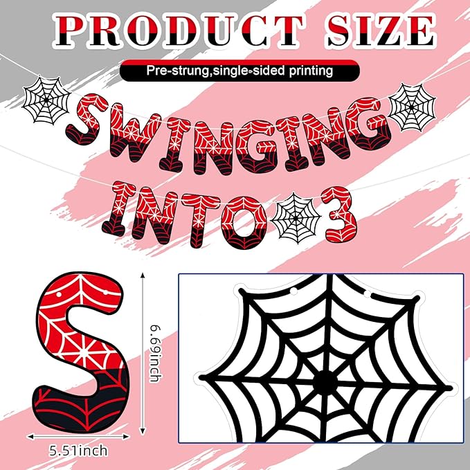 TaoBary Spider Theme 3rd Birthday Banner, Pre-strung Swinging into 3 Banner, Spider 3rd Birthday Decorations Party Supplies for Kids, Third Decor for 3 Year Old Boys Girls(Black and Red)