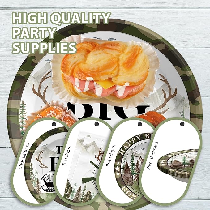 96Pcs The Big One Hunting 1st Birthday Party Decorations The Big One Plates and Napkins Disposable Hunting Camo Tableware Set for Boy Gone Hunting Deer Camo Theme First Birthday Party Supplies Serve24