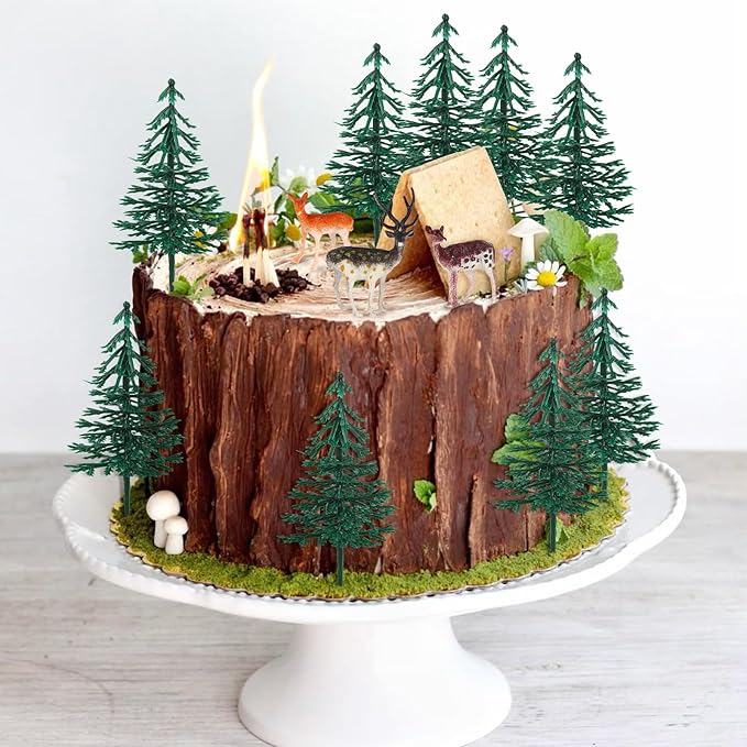Hooqict 15Pcs Deer Christmas Tree Cake Topper with Tree Deer Figurines Hunting Cake Decorations for Winter Forest Woodland Birthday Party Supplies Animals Christmas Decorations