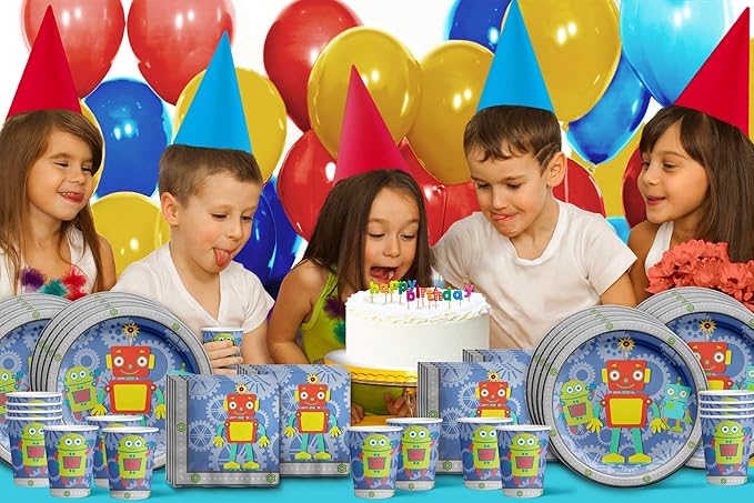 Robot Birthday Party Supplies Set Plates Napkins Cups Tableware Kit for 16
