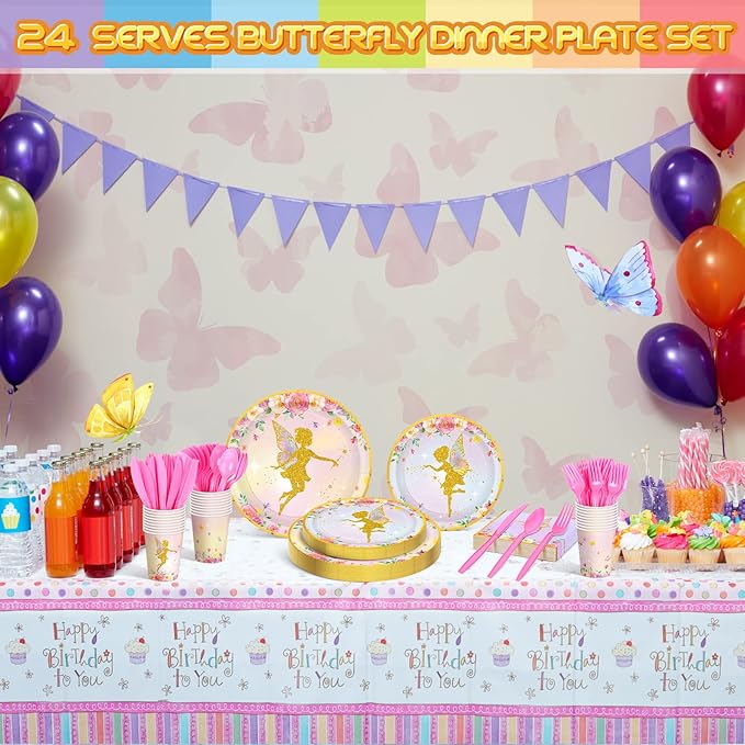 Meanplan 168 Pcs Fairy Party Supplies Fairy Plates and Napkins Fairies Tableware Set Plate Napkins Cups Knives Fork Spoon for Birthday Baby Shower Fairies Enchanted Party Decorations Serves 24 Guests