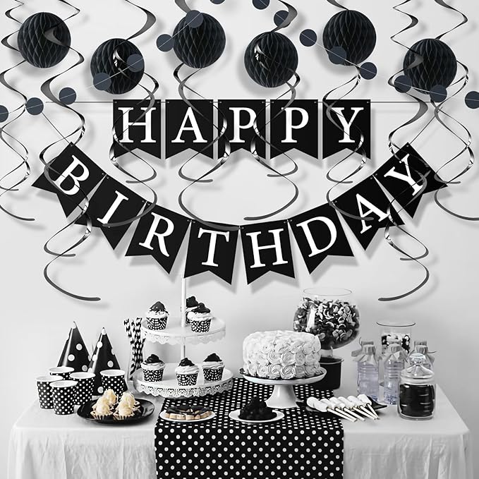 Black Birthday Decorations Kit - 16-Piece Set with Pre-Strung Happy Birthday Banner, Honeycomb Balls, Garland & Swirls | Black Theme Party Supplies for Men Women Girls Kids, Teens Adults