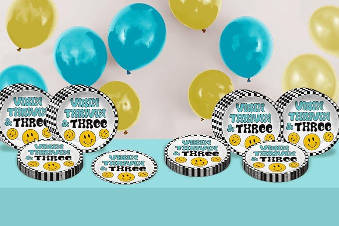 Vibin Thrivin' and Three Smiley Face Third Birthday - 32 Piece Disposable Party Supplies - Decorations for Boy's 3rd Birthday Round Party Plates - Large 9" Paper Plates In Bulk