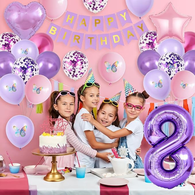 8th Birthday Decorations for Girl,Pink Purple 8th Butterfly Decoration Birthday Balloons Pink Purple Banner Number 8 Balloons Cake Topper Butterfly Party Supplies for Girls