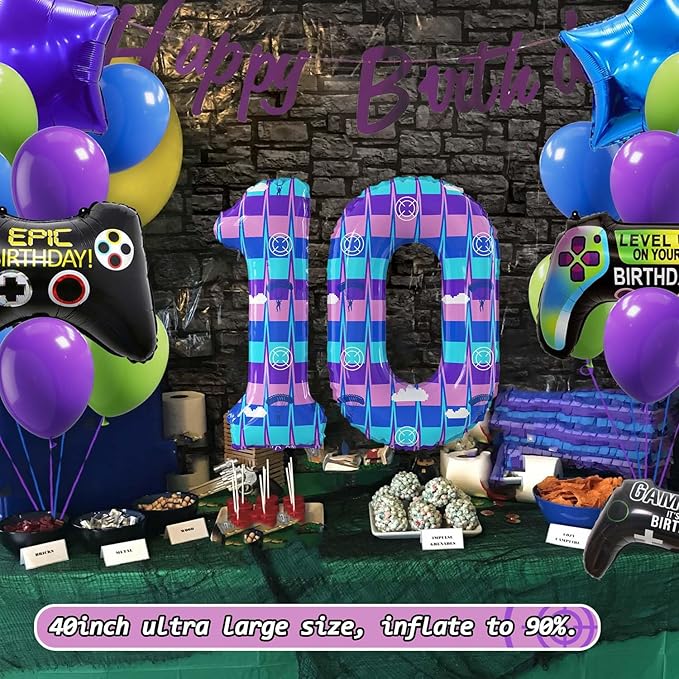 Video Game Theme Birthday Party Number Balloons Piñata Gaming Party Decor Balloons Large Number Balloons for Kids Battle Boys Birthday Party Decoration Supplies(Number 10 Set)