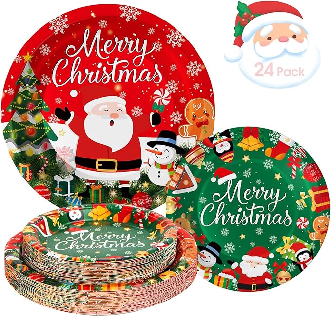 24 Pcs Merry Christmas Paper Plates - Cute Round Christmas Plates, Santa Claus Snowmen Dinner Dessert Plate Disposable Dinnerware Set for Winter Holiday Xmas Party Table Decorations Supplies Favors