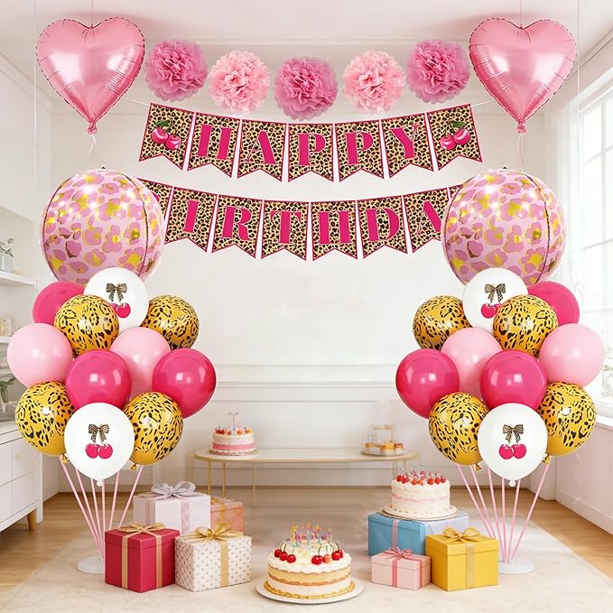 Pink Cheetah Print Birthday Decorations Leopard Foil Cherry Print Balloons Happy Birthday Banner with Heart Balloons for Women Baby Shower Safari Wild Birthday Theme Party Supplies