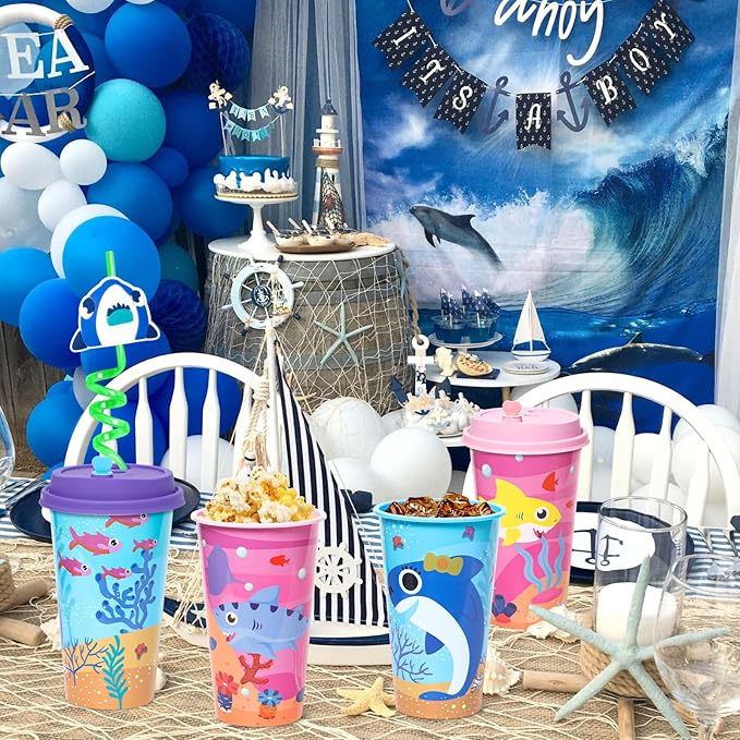 Lidmada Shark Party Favors Goodie Cups with Lids, 24 Pack Birthday Party Cups in 4 Colors, 16OZ Plastic Ocean Shark Themed Reusable Party Supplies Decorations Cups for Baby Kids Christmas Winter Gifts