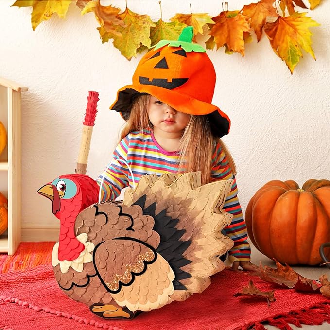 WERNNSAI Thanksgiving Turkey Piñata - Fall Autumn Decorations Wild Turkey Brown Piñata Thanksgiving Party Games for Family Fall Festival Decor Party Favors with Blindfold