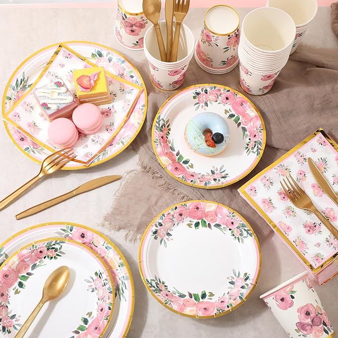 350 Pcs Floral Party Supplies Tableware Set Disposable 9'' 7'' Paper Plates 9 oz Cups Cutlery Napkins Dinnerware for Baby Shower Bridal Wedding 1st Birthday, Serve 50 (Floral, Rose Gold)