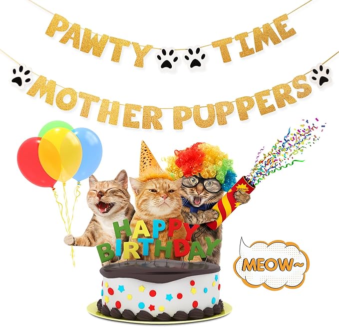 Pre-Strung Let's Pawty Dog Birthday Party Supplies - Pawty Time Mother Puppers - Funny Gold Glitter Puppy Dog Birthday Banner For Party Decorations Girl Boy - Cute Puppy Pets Paw Pennant Sign Deco