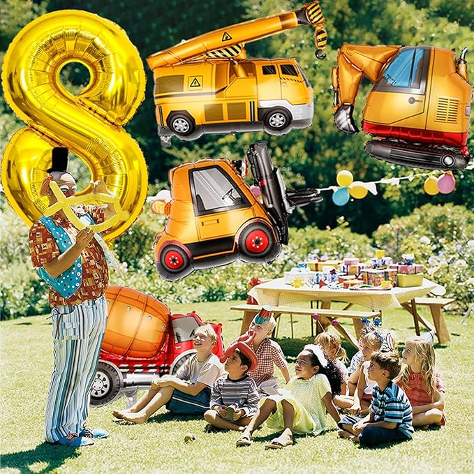Construction Birthday Party Supplies 8 Year Old, Large Construction Balloons 40Inch Gold Number 6 Balloons Construction Truck Foil Balloons for Boys 8th Construction Birthday Party Decorations