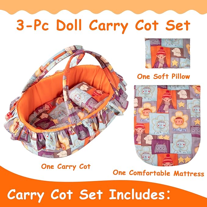 Doll Carry Cot Set, Soft 3PC Set Includes Cot, Mattress and Pillow, Orange Cartoon Doll Bassinet, Fits for 10-12 Inch American Girl Dolls