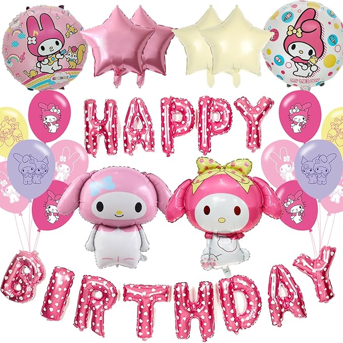 My Melodyy Party Balloon Decorations - Set Of 4 Kawaii Hello Melodyy Balloons,4 Star Foil Ballons,18 Party Ballons For A Cute Kitty Birthday Party My Pink Big Backdrop Mylar Foil Decoration, Pink