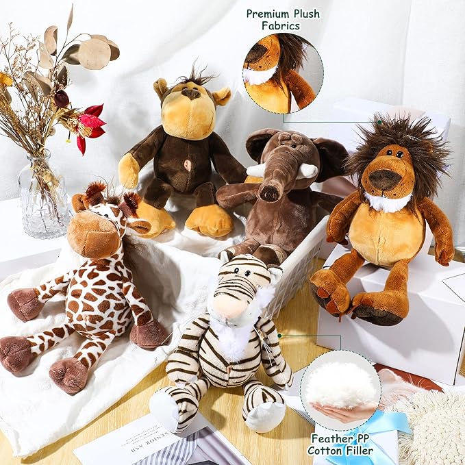Zhanmai 6 Pieces Safari Stuffed Animals Plush Jungle Toys Set for Boys Girls, Lion Elephant Zebra Giraffe Tiger Monkey for Animal Themed Parties Student Party Decoration(Novel Style)