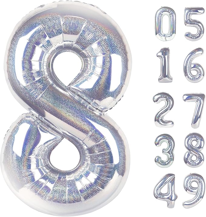 Laser Silver 8 Balloon, Number Balloons 40 Inch, 8th Birthday Decorations for Girls, Birthday Balloons, Laser Silver Party Supplies, Number 8 Balloon