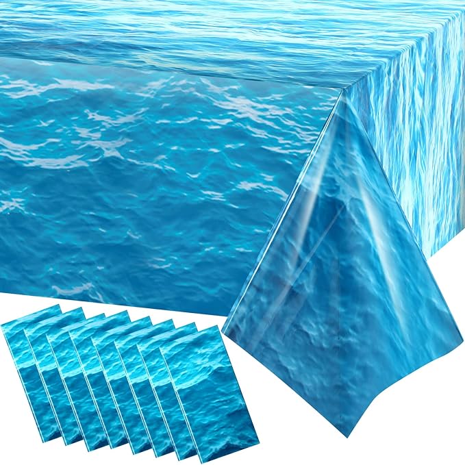 Irenare 8 Pieces Ocean Waves Plastic Tablecloth 54 x 108 Inch Ocean Table Cover Water Print Table Cover Sea Tablecloth Blue for Beach Pool Birthday Party Decoration Shower Supplies