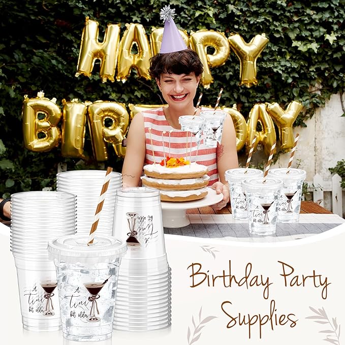 Domensi 50 Pcs Martini Birthday Party Plastic Cup 12 oz a Tini Bit Older Espresso Martini Thick Clear Cup Cocktail Coffee Mugs for Bar Birthday Table Decorations Party Favor Gift