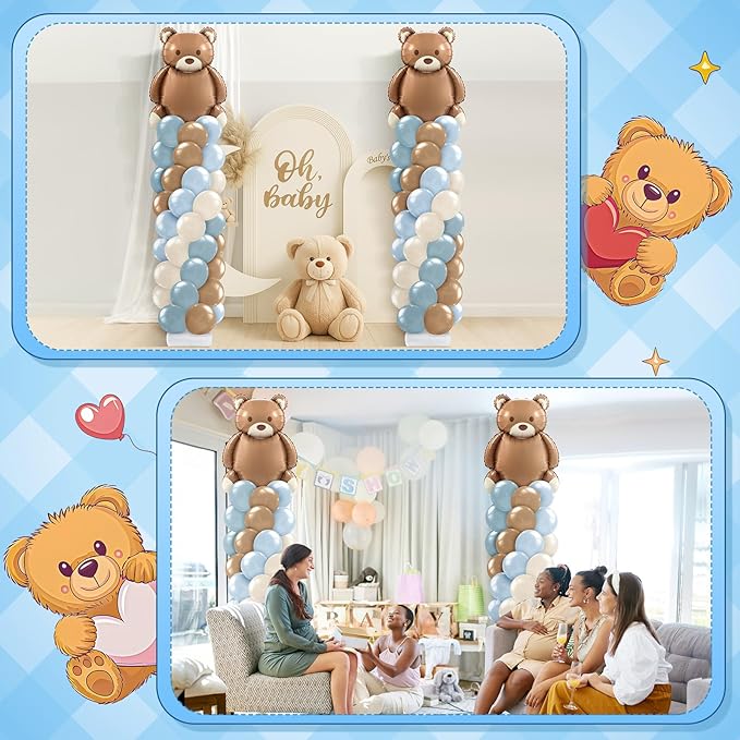 Kasyat 2 Set Bear Baby Shower Balloon Column Stand Kit Dusty Blue and Brown Balloon Arch Garland Kit, Bear Baby Shower Decorations Backdrop for Gender Reveal Birthday Party Supplies