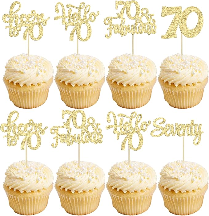30Pcs Happy 70th Birthday Cupcake Toppers Seventy Cheers to 70 Years Old Birthday Cupcake Picks for 70th Anniversary Party Cake Decorations Supplies Gold Glitter