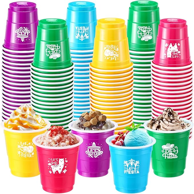 Pickmesh 100 Pcs Mexican Party Decorations 2 oz Shot Cups Cinco De Mayo Fiesta Mini Cups for Fiesta Taco Party Decorations Birthday Taste Serving Supplies, 6 Colors