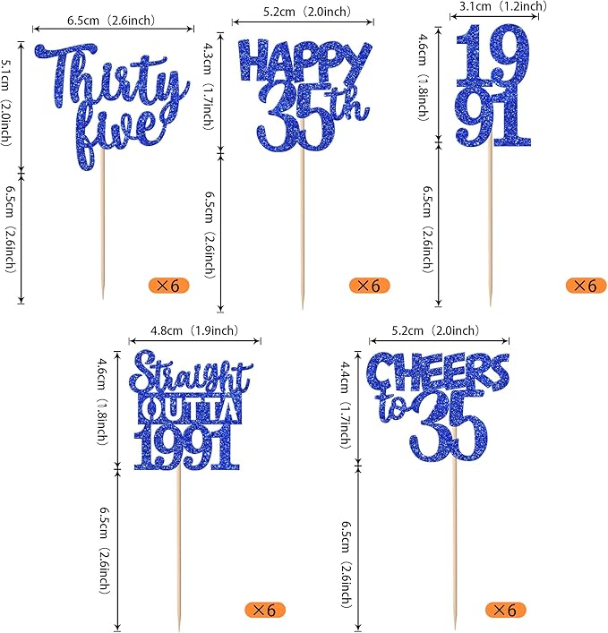 30 PCS 35th Birthday Cupcake Toppers Glitter Ten Happy 35th Straight Outta 1991 Cupcake Picks for Cheers to 35 Fabulous 10th Birthday Anniversary Party Cake Decorations Supplier Blue