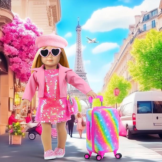 American 18 Inch Doll Clothes Accessories-18 inch Doll Suitcase-Glasses,Beret,Shoes,Handbag,Camera, Passport,Mobile Phone Travel Set Valentine's Gift Toys for 3-12 Girls