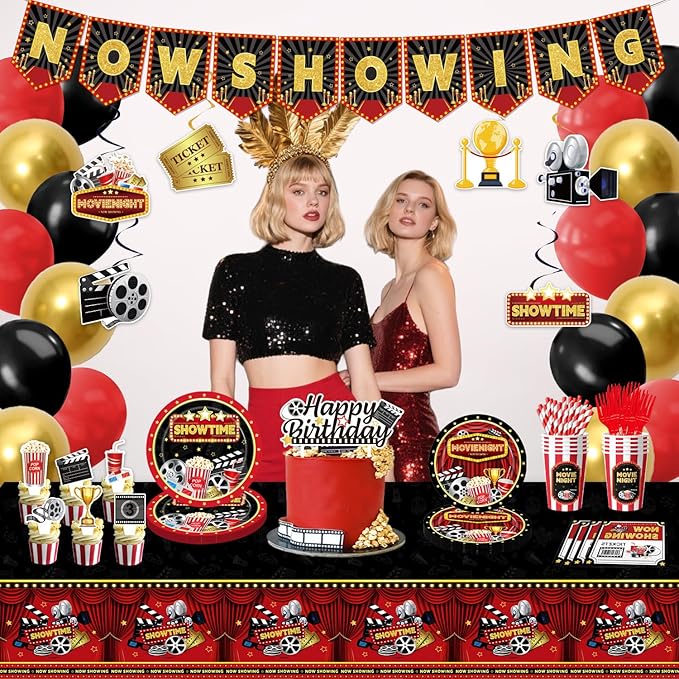 Movie Night Supplies, 160PCS Movie Themed Party Decorations with Now Showing Banner, Hanging Swirls, Balloons, Plates, Napkins, Cups, Forks, Straws, Tablecloths, Cake & Cupcake Toppers