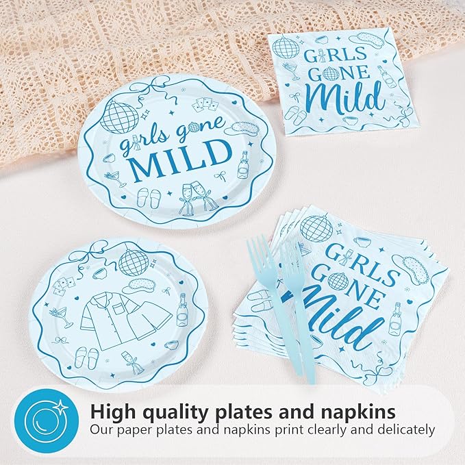 96Pcs Girls Gone Mild Party Decorations Blue Sleepover Plates and Napkins Tableware Sets Girls Night Decorations for women Sleepover Wedding Bachelorette Bridal Shower Party Supplies Serves 24