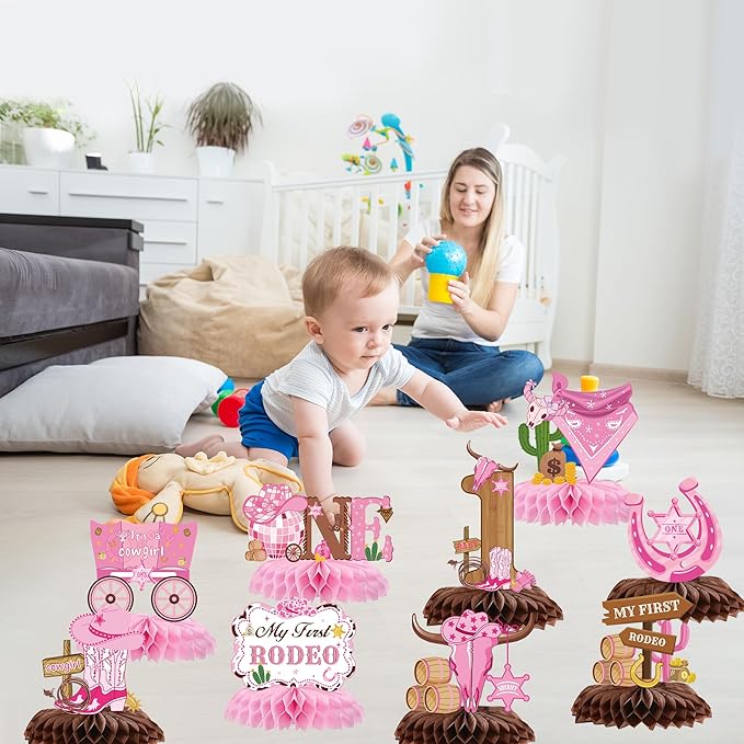 My First Rodeo Decorations Girl - 9 Pcs Pink Cowgirl Honeycomb Centerpieces Table Decor for Western Cowgirl 1st Birthday Party Supplies
