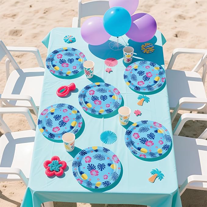 50Pcs Hawaiian Paper Plates 9 Inch Disposable Tropical Luau Blue Cartoon Hibiscus Floral Party Decorations Hawaii Aloha Dessert Themed Plates for Summer Beach Pool Holiday BBQ Birthday Party Supplies
